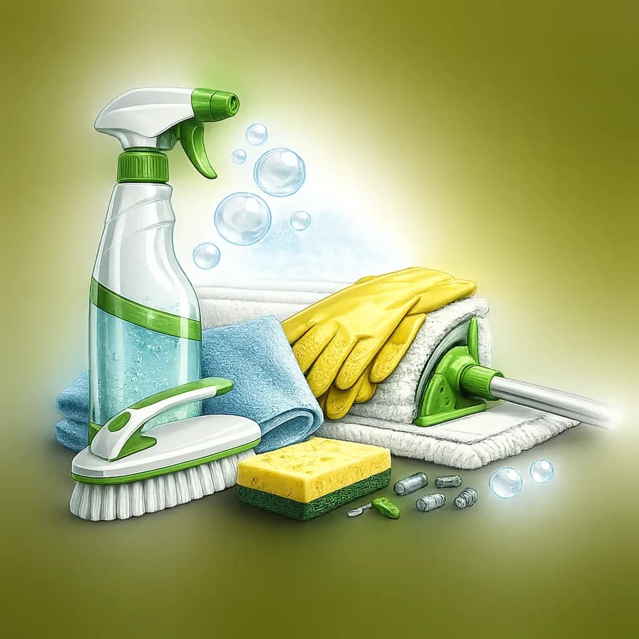 Cleaning supplies including spray bottle and gloves for FUNDI cleaning services.