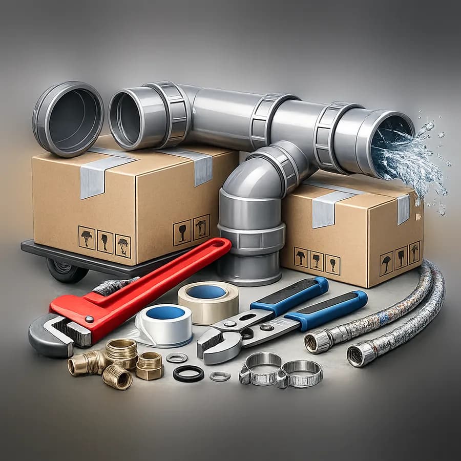 Plumbing tools and fittings arranged for FUNDI plumbing services.