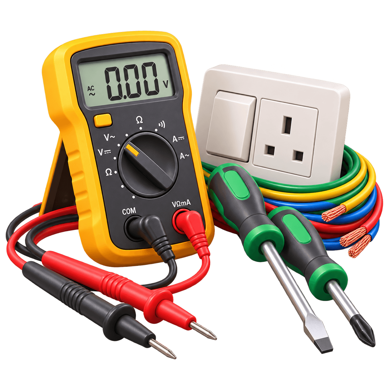 Electrical tools including multimeter and wire cutters for FUNDI electrical services.