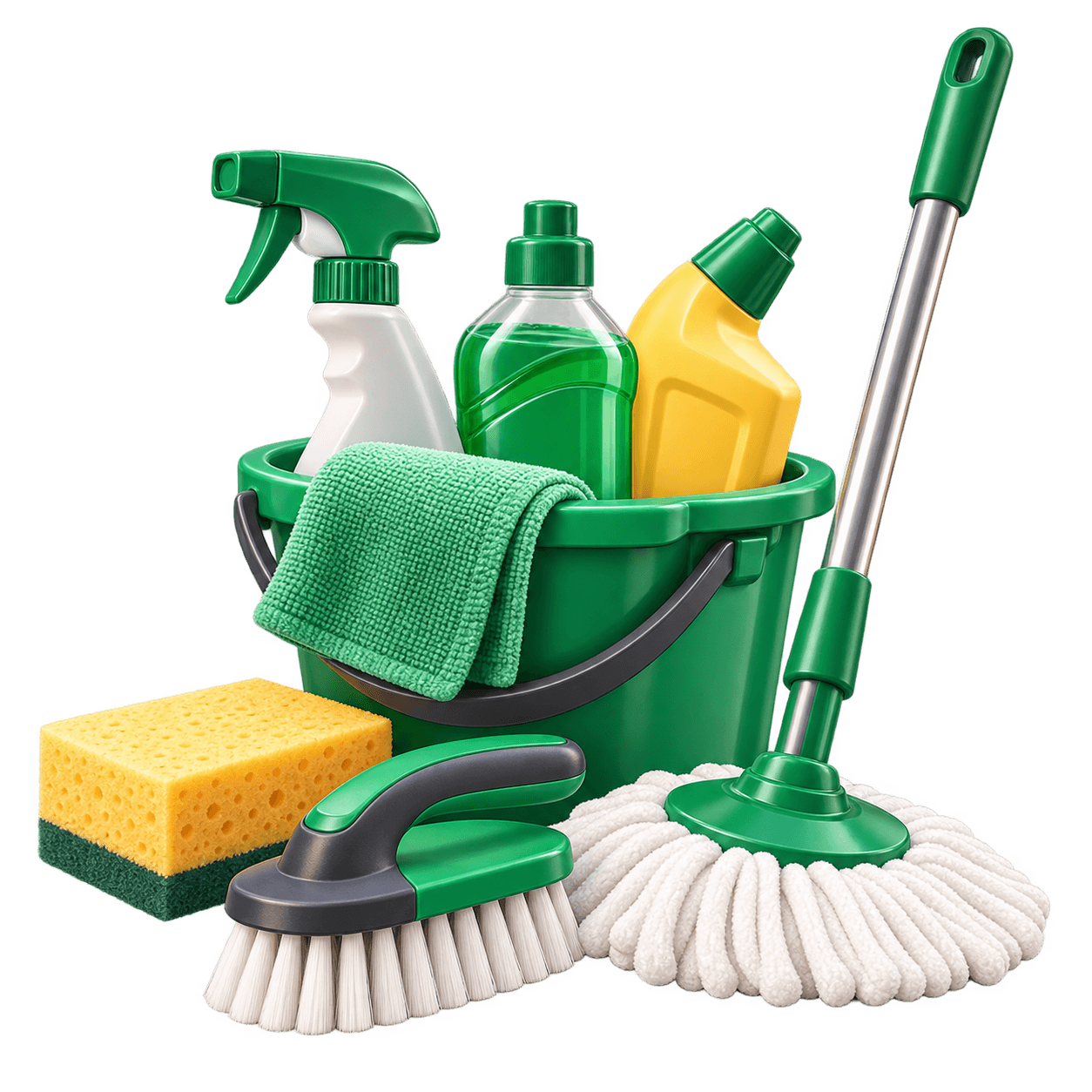 Cleaning supplies including spray bottle and gloves for FUNDI cleaning services.
